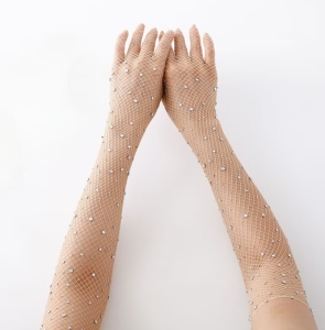 Beige Net Cristalized Gloves